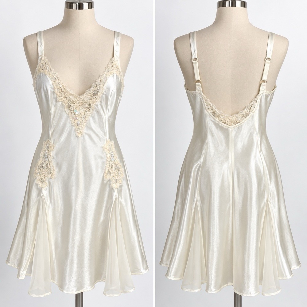 Vintage Victorias Secret Gown L Off White Satin Sequin Lace Chemise Bridal Slip